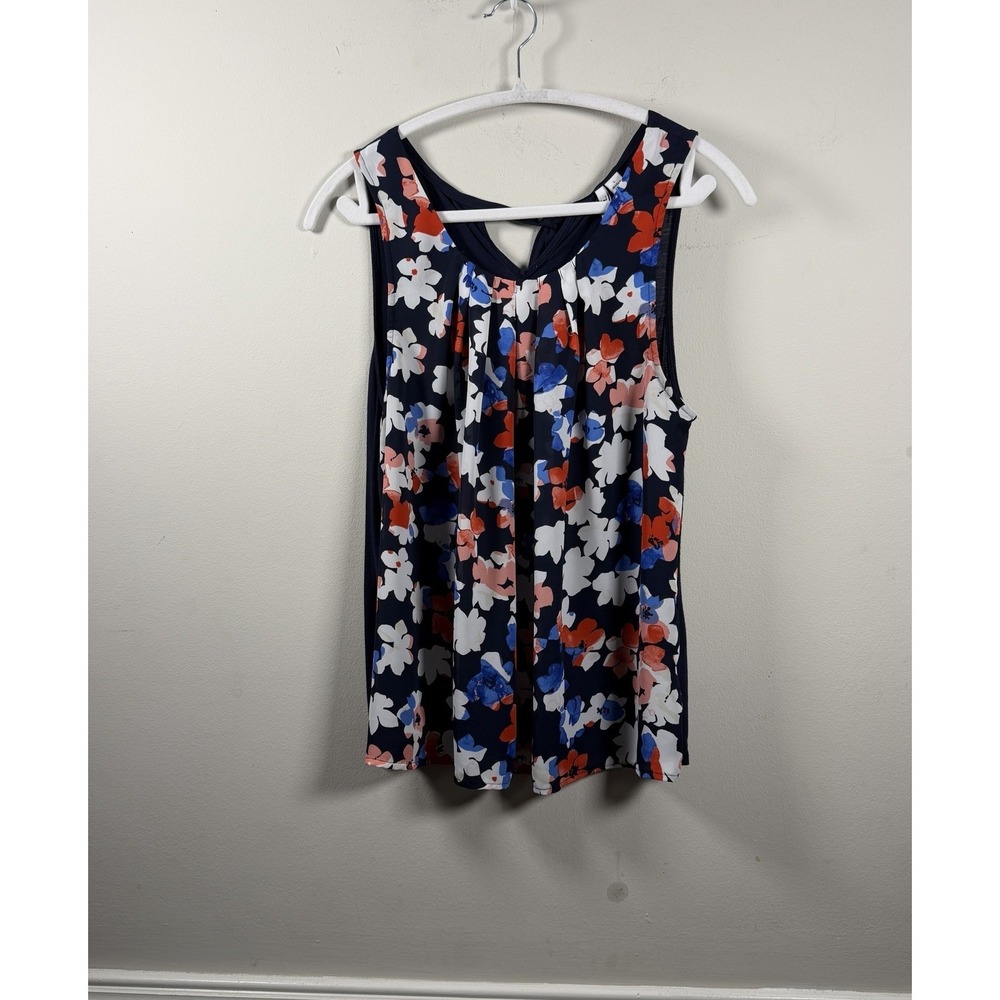 Elle Blue Red White LRG Floral‎ Chiffon Pleated Scoop Neck Sleeveless Top Blouse